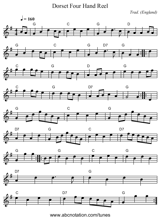 Dorset Four Hand Reel - staff notation