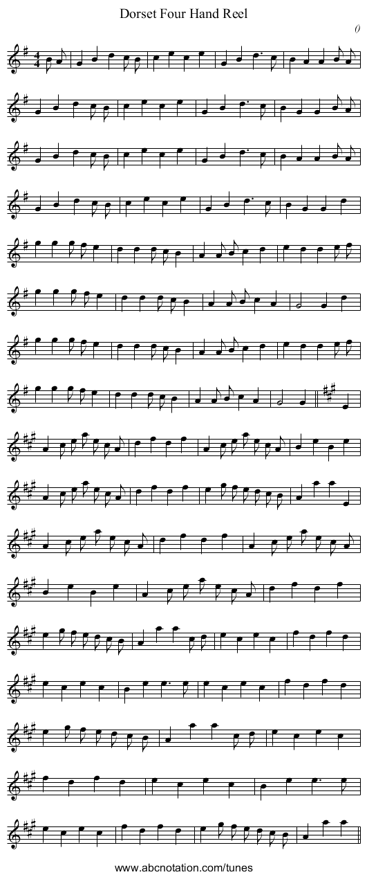Dorset Four Hand Reel - staff notation