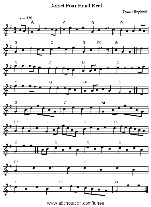 Dorset Four Hand Reel - staff notation