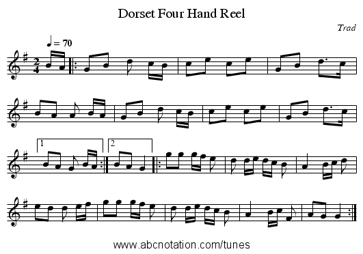 Dorset Four Hand Reel - staff notation