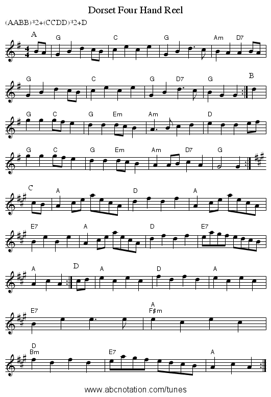 Dorset Four Hand Reel - staff notation