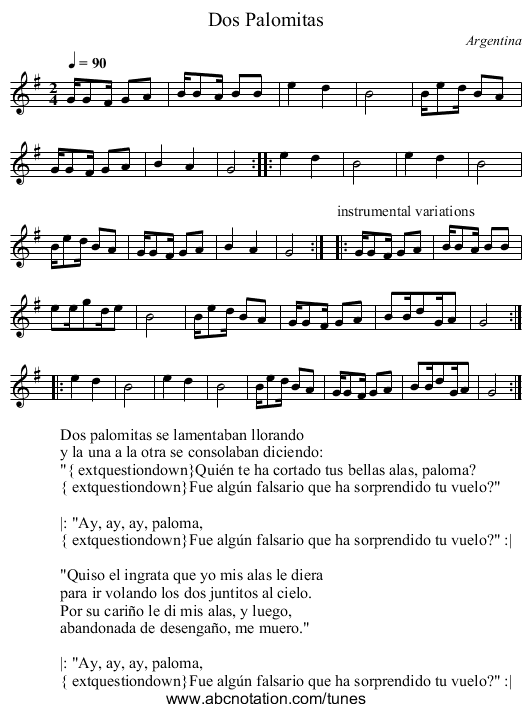 Dos Palomitas - staff notation