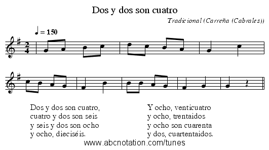 Dos y dos son cuatro - staff notation