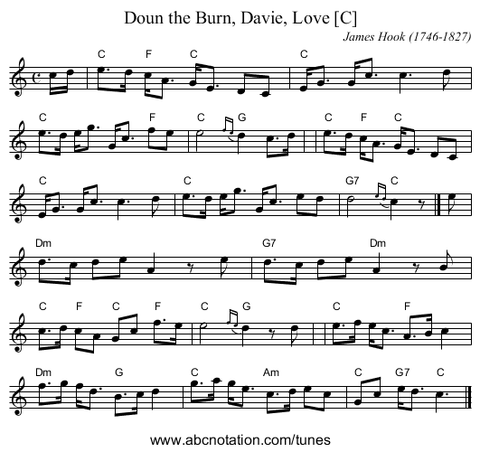 Doun the Burn, Davie, Love [C] - staff notation