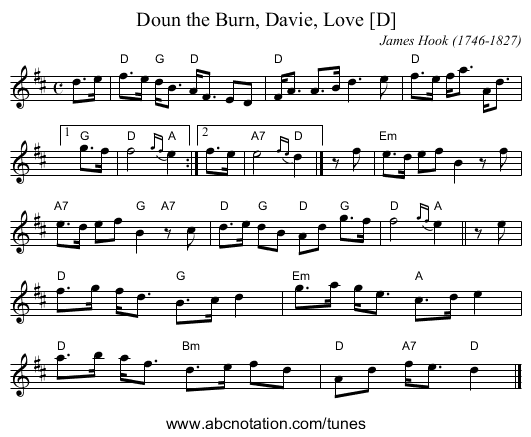 Doun the Burn, Davie, Love [D] - staff notation