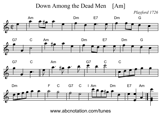 Down Among the Dead Men    [Am] - staff notation