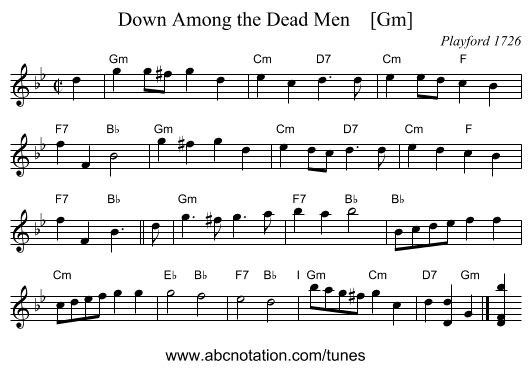 Down Among the Dead Men    [Gm] - staff notation