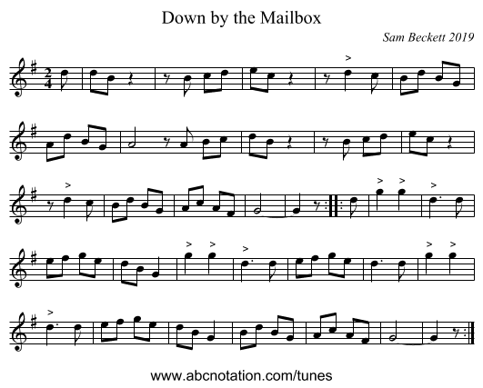 Down by the Mailbox - staff notation
