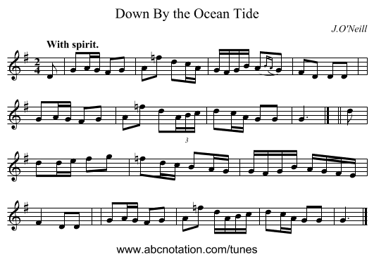 Down By the Ocean Tide - staff notation