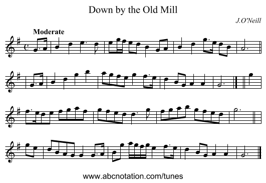 Down by the Old Mill - staff notation