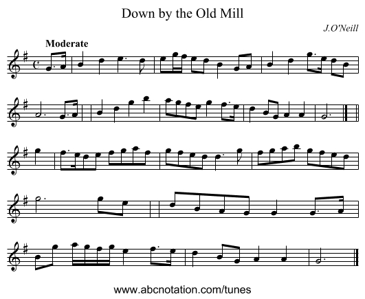 Down by the Old Mill - staff notation