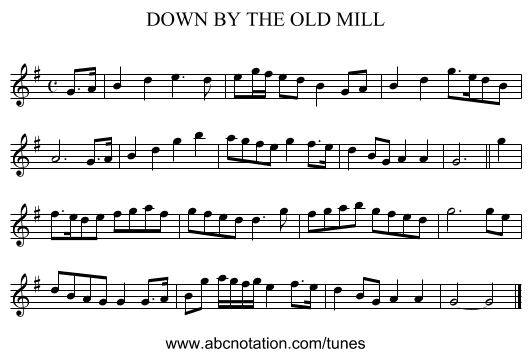 DOWN BY THE OLD MILL - staff notation