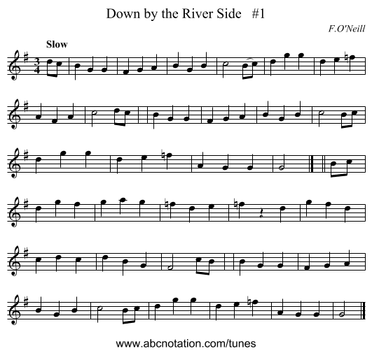 Down by the River Side   #1 - staff notation