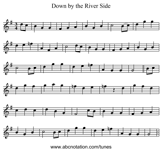 Down by the River Side - staff notation