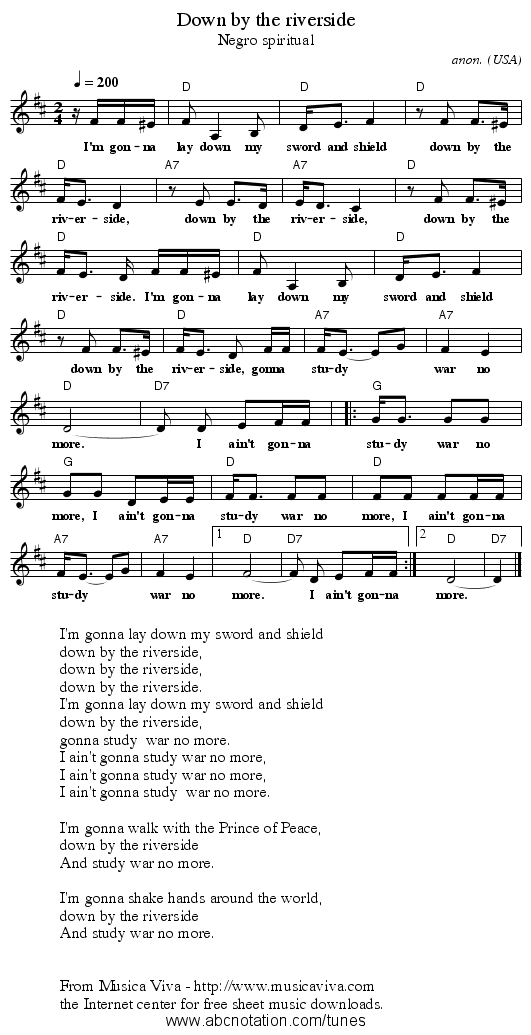 Down by the riverside - staff notation