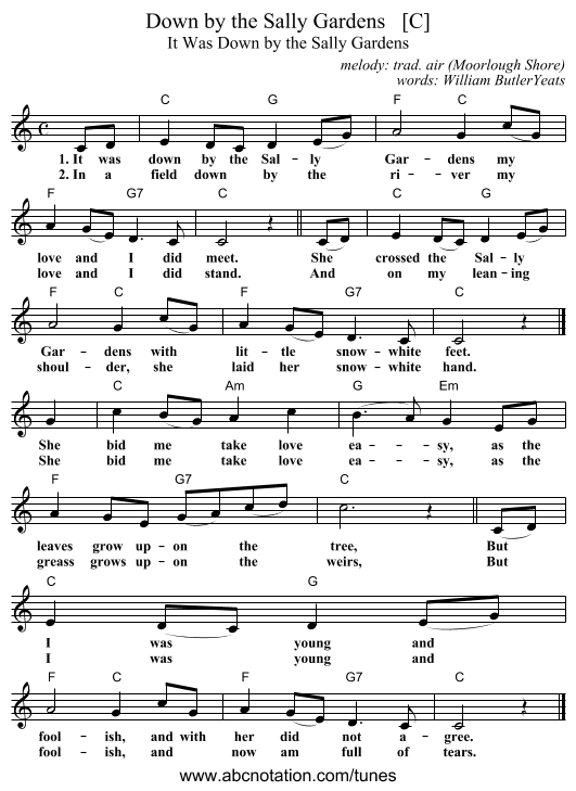 Down by the Sally Gardens   [C] - staff notation
