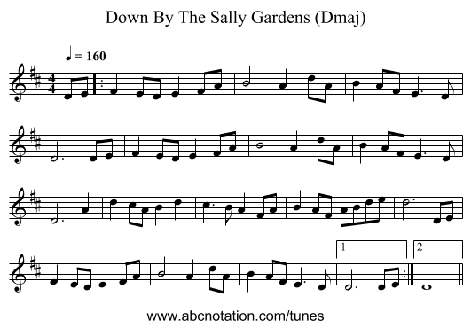 Down By The Sally Gardens (Dmaj) - staff notation