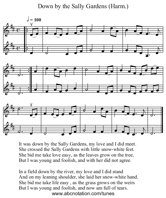 Down by the Sally Gardens (Harm.) - staff notation