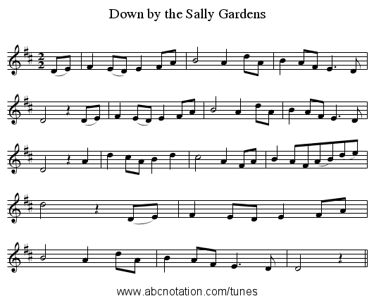 Down by the Sally Gardens - staff notation