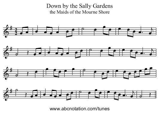 Down by the Sally Gardens - staff notation