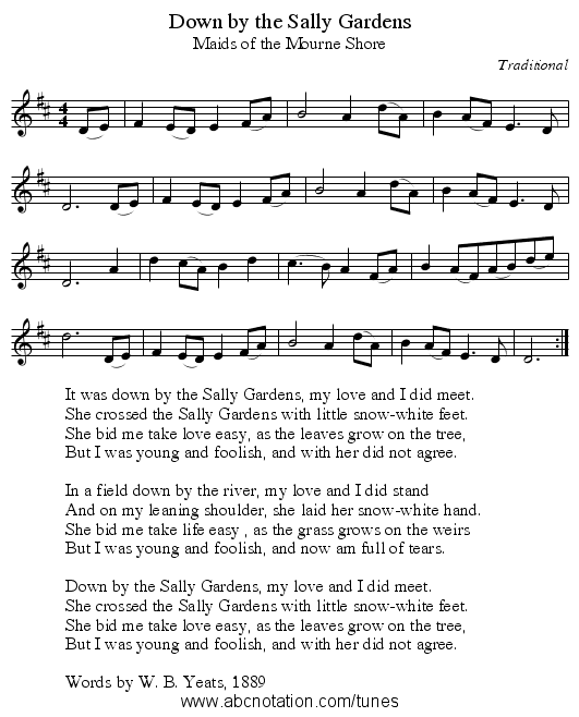 Down by the Sally Gardens - staff notation