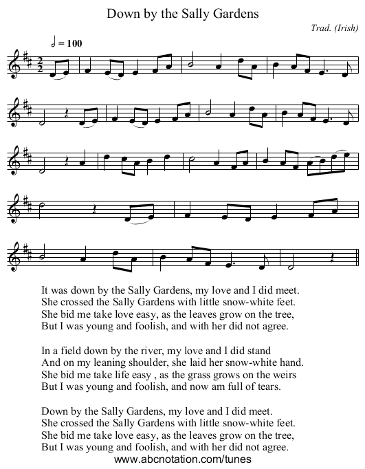 Down by the Sally Gardens - staff notation