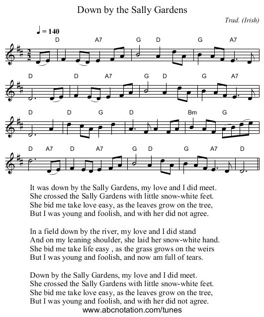 Down by the Sally Gardens - staff notation
