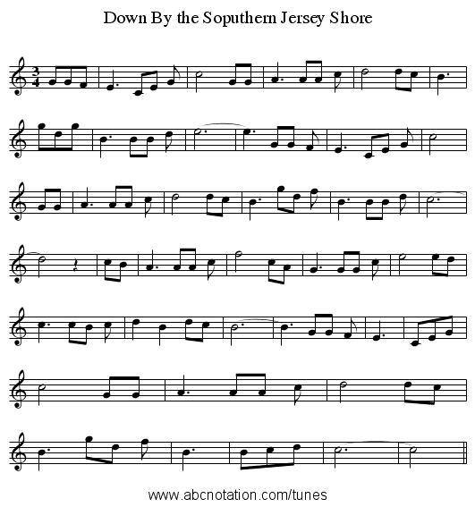 Down By the Soputhern Jersey Shore - staff notation