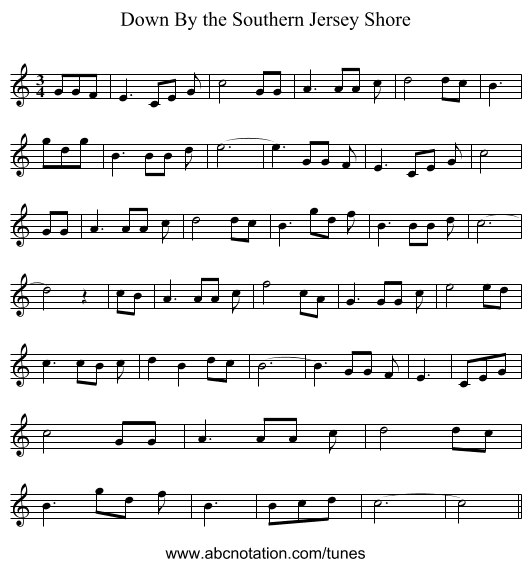 Down By the Southern Jersey Shore - staff notation