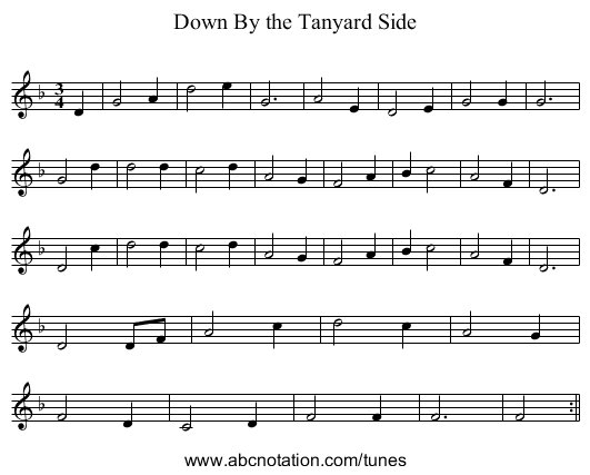 Down By the Tanyard Side - staff notation