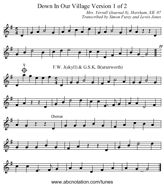 Down In Our Village Version 1 of 2 - staff notation