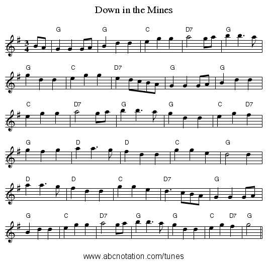 Down in the Mines - staff notation
