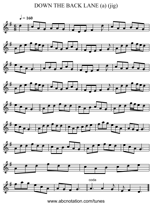 DOWN THE BACK LANE (a) (jig) - staff notation