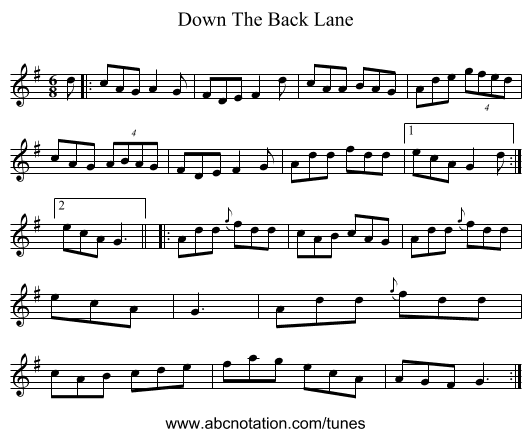 Down The Back Lane - staff notation