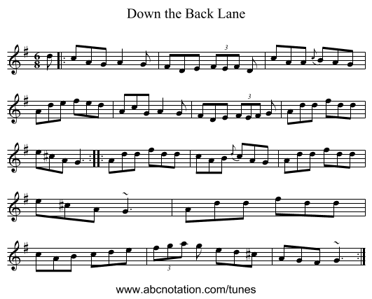 Down the Back Lane - staff notation