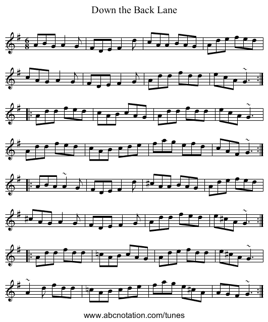 Down the Back Lane - staff notation
