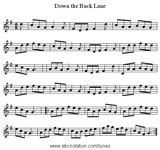 Down the Back Lane - staff notation