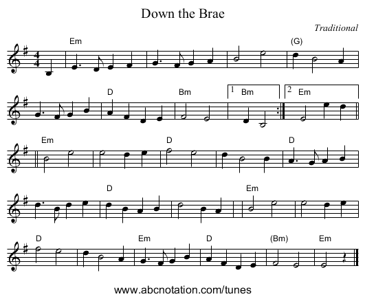 Down the Brae - staff notation