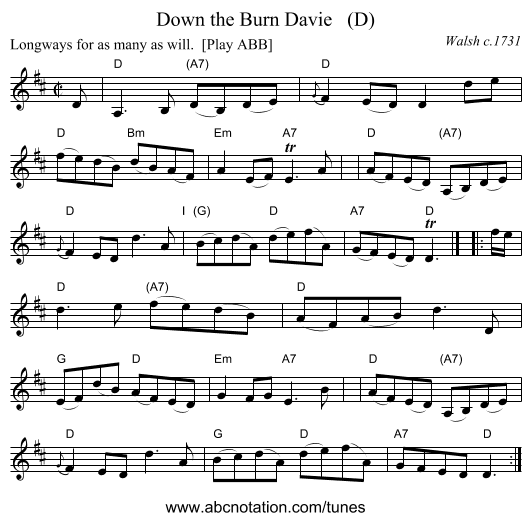 Down the Burn Davie   (D) - staff notation