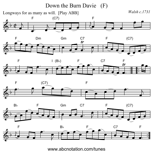 Down the Burn Davie   (F) - staff notation