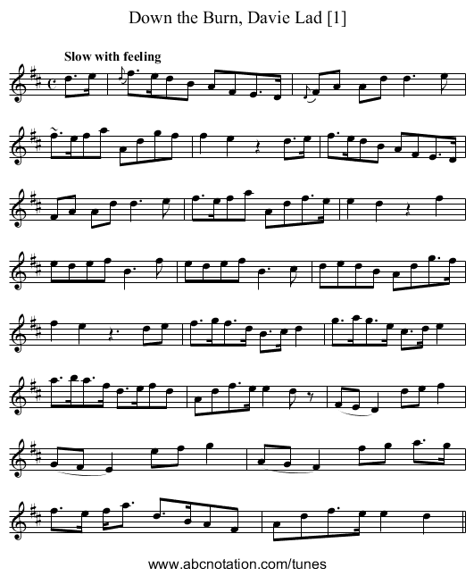 Down the Burn, Davie Lad [1] - staff notation