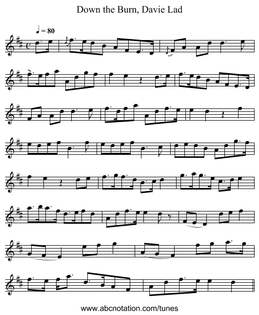Down the Burn, Davie Lad - staff notation