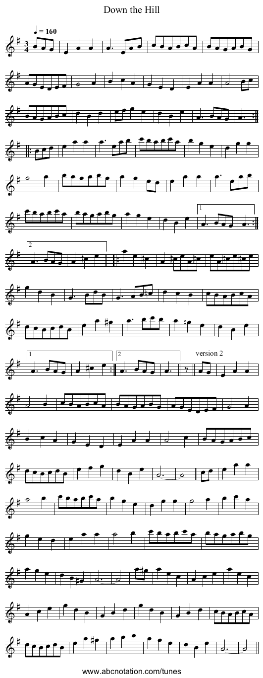 Down the Hill - staff notation