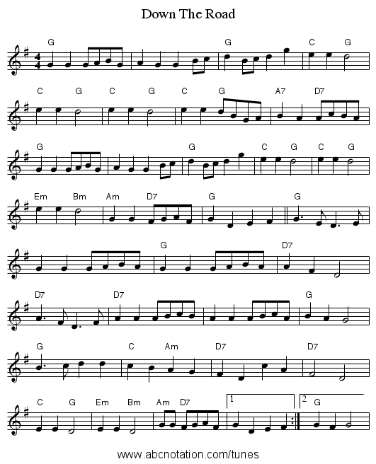 Down The Road - staff notation