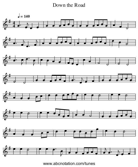Down the Road - staff notation