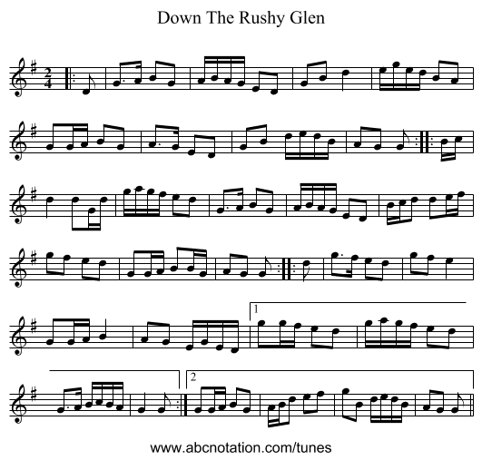 Down The Rushy Glen - staff notation
