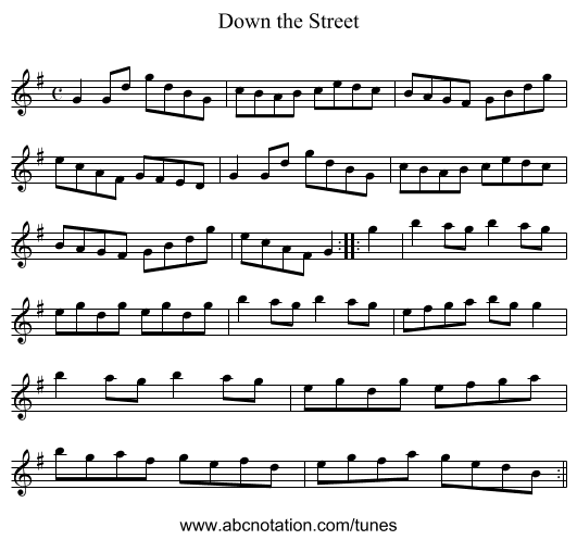 Down the Street - staff notation