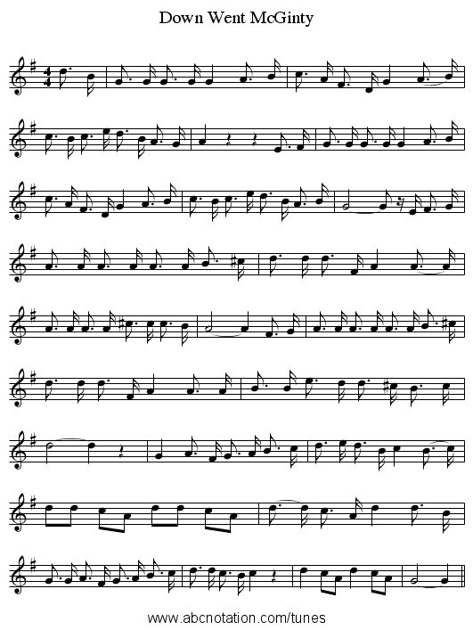 Down Went McGinty - staff notation