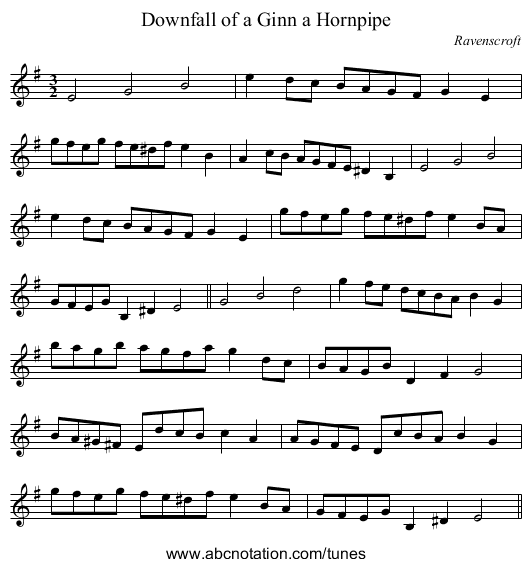 Downfall of a Ginn a Hornpipe - staff notation
