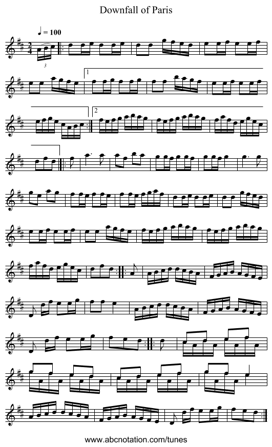 Downfall of Paris - staff notation